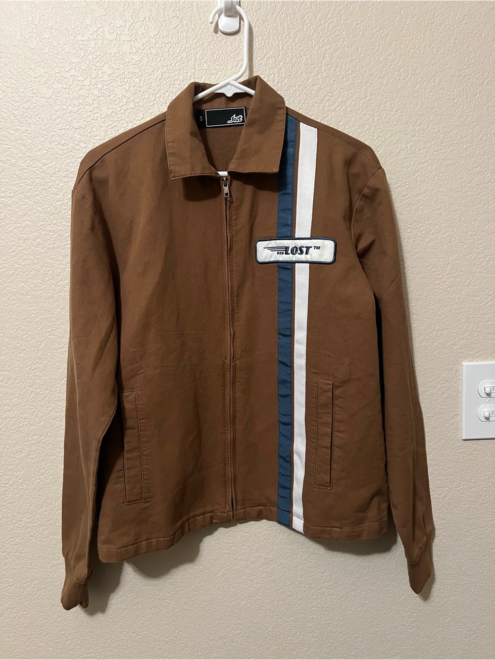 Lost Brown Men's Zip Jacket with Blue and White Racing Stripe